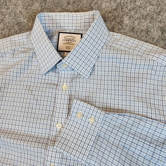 Charles Tyrwhitt Other - Charles Tyrwhitt Dress Shirt Men 17/36 Blue Plaid‎ Slim Non Iron Work Business